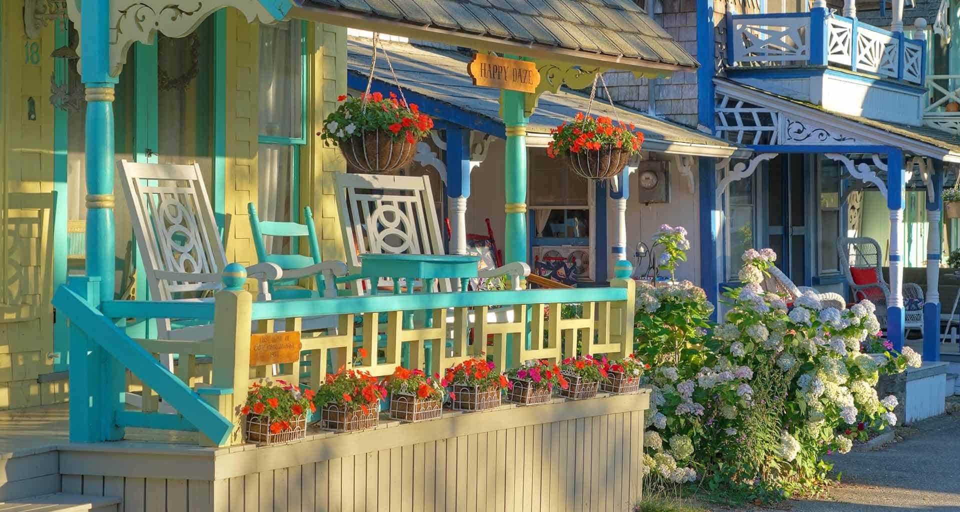 The beautiful historic homes of Oak Bluffs painted in colorful shades of pink and turquoise