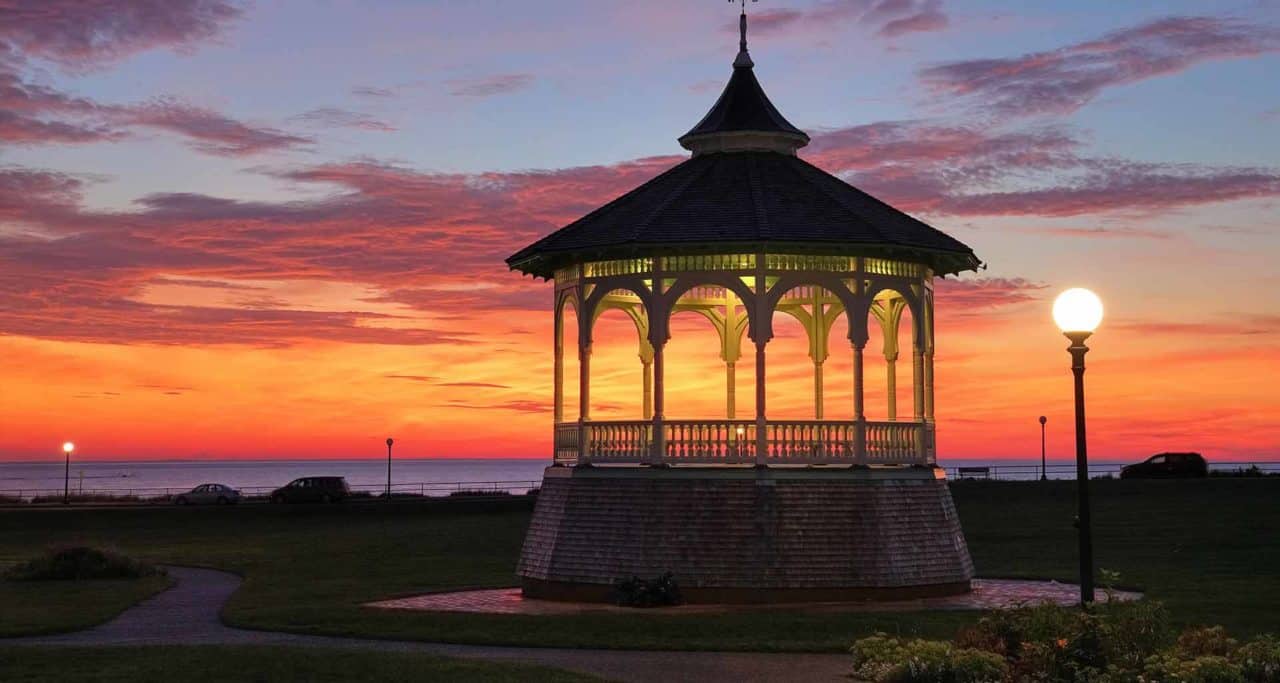 Oak Bluffs gazebo at sunset with street lamp