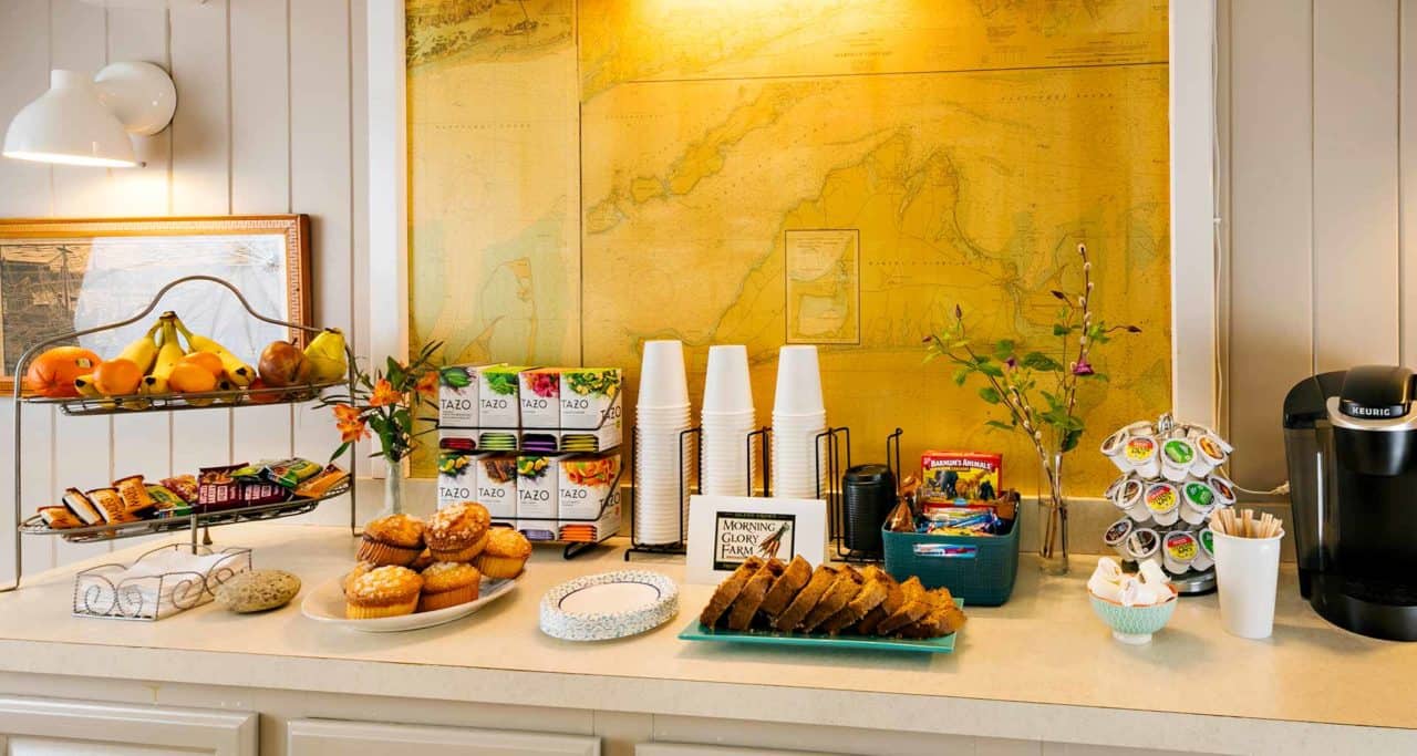 An array of breakfast items and coffee avaialble for guests