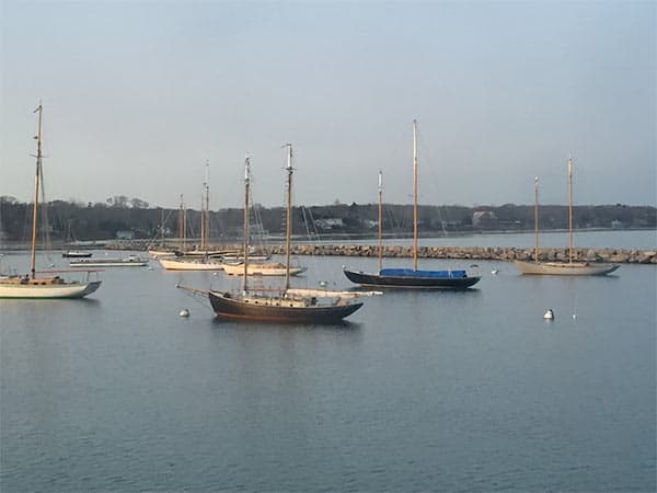 Vineyard Haven harbor with sailboats docked for the season